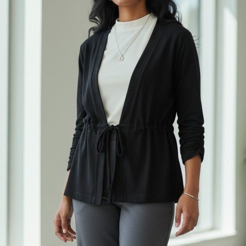Chicos Travelers Tie Waist Shrug Size 1 Black Slinky Open Front Cardigan